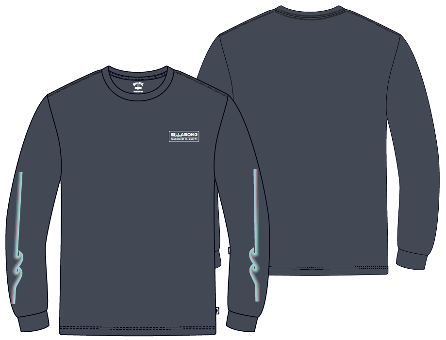 Chandail - Billabong garçon gris foncé en coton 100% avec logo poitrine et motifs bleus sur manches, vue de face et dos.