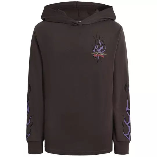 Chandail - Billabong noir avec motifs flammes violettes, 100% coton, style à capuche, pour garçon, vue de face.
