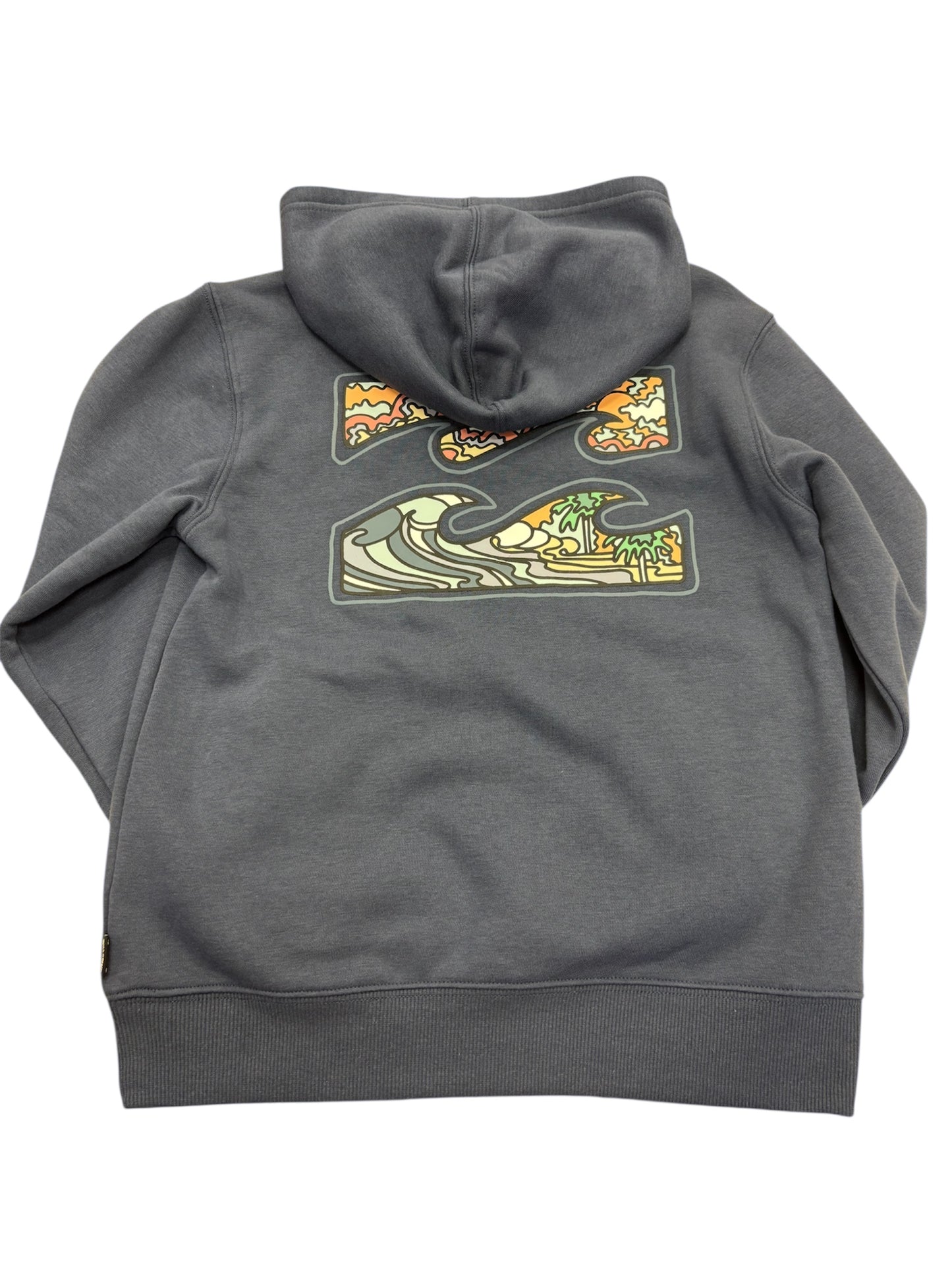 Hoodie - Billabong gris avec motif vague et paysage coloré dans le dos, en coton, pour garçon, vue de dos.