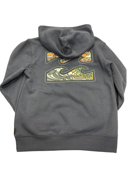 Hoodie - Billabong gris avec motif vague et paysage coloré dans le dos, en coton, pour garçon, vue de dos.