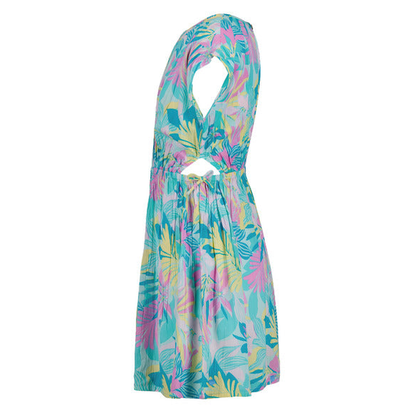 Robe - Billabong en viscose crinkle multicolore à motifs floraux, style ceinturé, vue de face et dos détaillée.