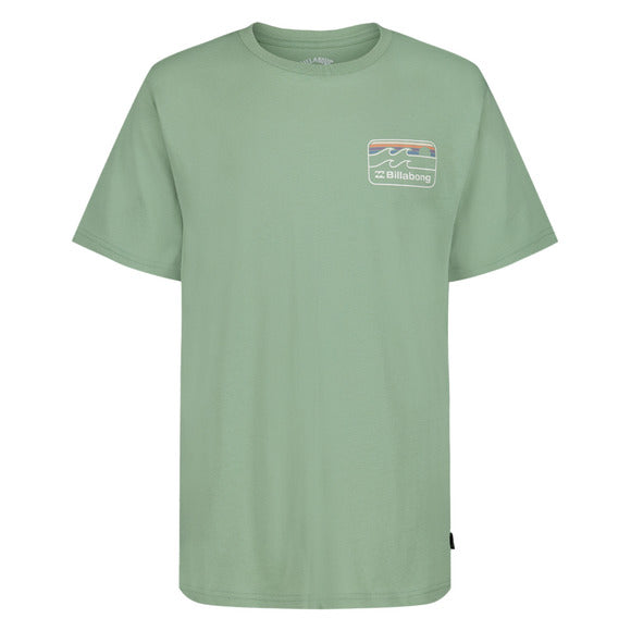 T-Shirt - Billabong vert sauge en coton jersey avec logo vague et coucher de soleil, vue de face et de dos.