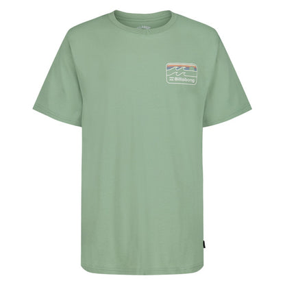 T-Shirt - Billabong vert sauge en coton jersey avec logo vague et coucher de soleil, vue de face et de dos.