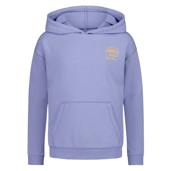 Hoodie - Billabong bleu clair en coton polyester, motif soleil et fleurs, pour enfant, vue de face et dos sur fond blanc.