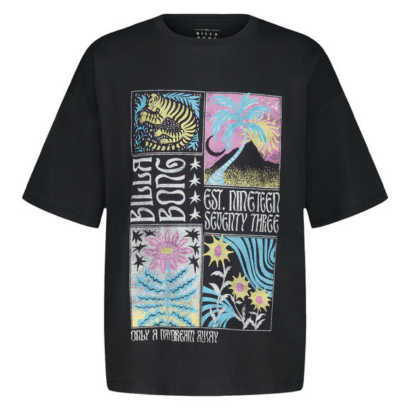 T-Shirt - Billabong gris foncé en coton avec motifs colorés jaunes, roses, bleus, vue de face et dos garçon enfant