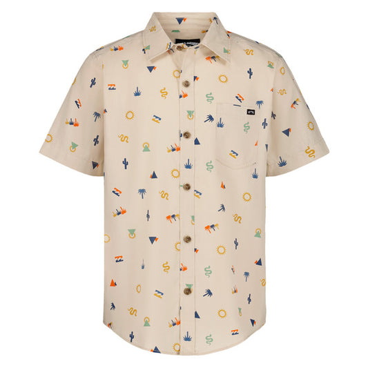 Chemise - Billabong beige à manches courtes en jersey coton avec motifs cactus, soleil et palmiers, vue de face et dos paysage.