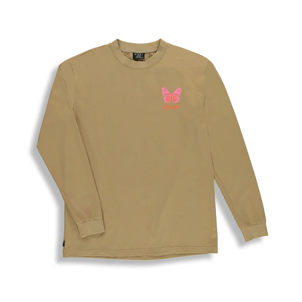 Chandail - Birdz beige à manches longues avec papillon rose imprimé, en coton, pour fille, vue de face.