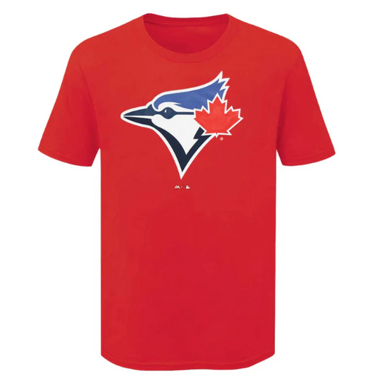 T-Shirt - Blue Jays rouge avec logo oiseau bleu et feuille d'érable, 100% polyester, garçon, vue de face.