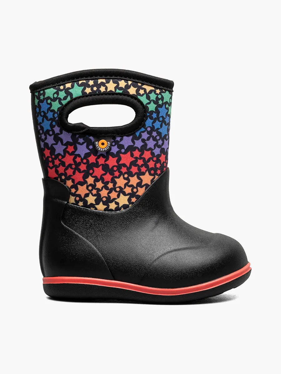 Bottes Mi-Saison - Bogs noires avec tige multicolore à motifs étoiles, semelle rouge, pour tout-petit, vue de profil droit