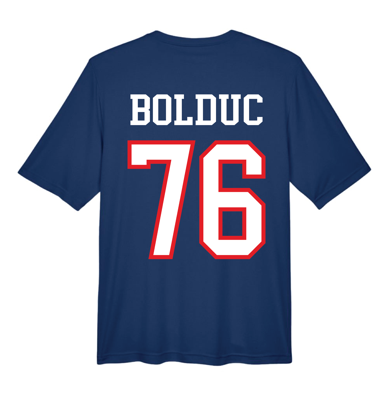 T-Shirt Junior - Bolduc bleu marine en polyester avec imprimé blanc et rouge dos, style garçon, vue de dos.