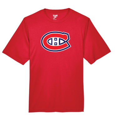 T-Shirt Junior - Bolduc rouge avec logo bleu et blanc, col rond, en polyester pour garçon, vue de face.