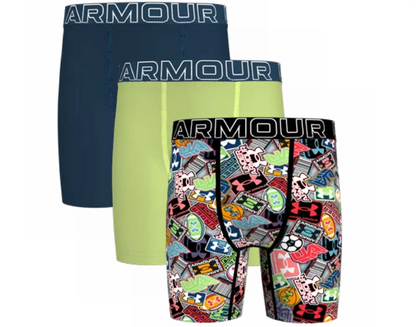3 Paires de boxers - Under Armour en bleu marine, vert anis, et multicolore à motifs graphiques, vue de face, taille adulte homme.
