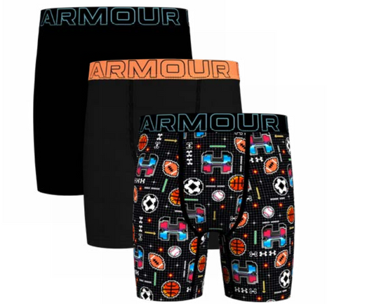 3 Paires de boxers - Under Armour garçon, noir uni et noir à motifs sportifs multicolores, vue de face, dimensions 933x758.