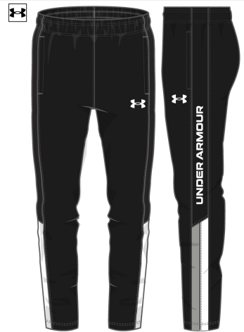 Pantalon - Under Armour noir avec bandes blanches latérales et logo blanc, style slim, tissu technique, vue de face et profil.