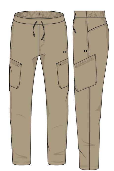 Pantalon - Under armour beige style cargo avec poches latérales, cordon de serrage à la taille, vue de face et de profil, tissu technique pour adulte.