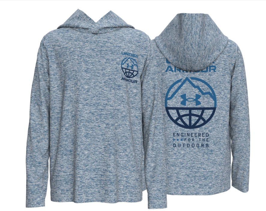 Chandail - Under Armour à capuche gris chiné avec logo bleu foncé imprimé sur l’avant et le dos, vue de face et dos, manches longues.