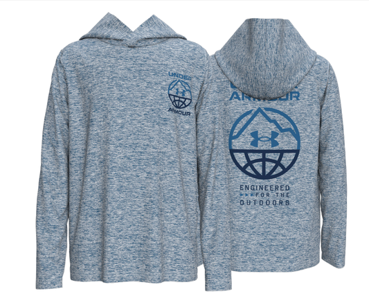 Chandail - Under Armour à capuche gris chiné avec logo bleu foncé imprimé sur l’avant et le dos, vue de face et dos, manches longues.