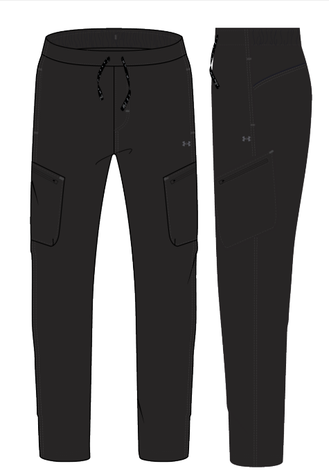 Pantalon - Under armour noir avec poches latérales cargo, taille élastique ajustable avec cordon, vue de face et de profil.