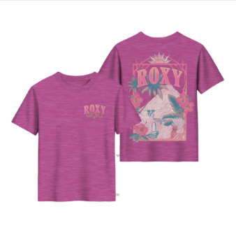 T-Shirt - Roxy violet à manches courtes en coton, avec logo et motif floral coloré, vue de face et de dos.