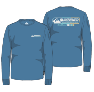 Chandail - Quiksilver bleu en coton, manches longues, logo blanc sur la poitrine et dans le dos, vue de face et dos.