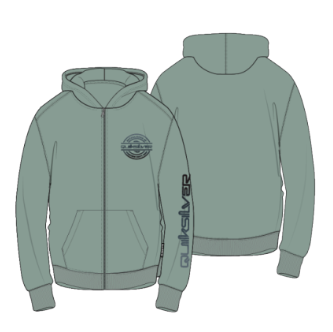 Veste - Quiksilver verte grise à capuche en coton, style zipée avec poches kangourou, motifs imprimés devant et manche, vue de face et de dos.