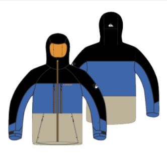 Manteau d'hiver Cruiser Run - Quiksilver bleu, noir et beige, style color block, coupe droite, vue de face et dos, capuche intégrée, modèle adulte.