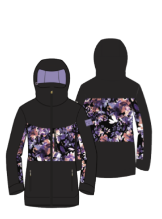 Manteau d'hiver - Roxy noir avec motif floral violet et rose, coupe ajustée avec capuche, vue de face et dos.