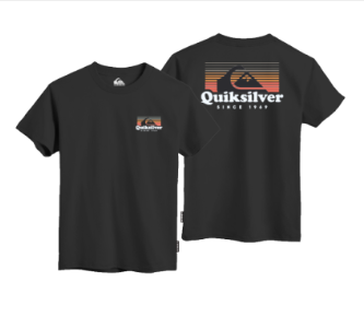 T-Shirt - Quiksilver noir en coton avec logo multicolore orange et blanc imprimé sur le devant et le dos, vue avant et arrière.