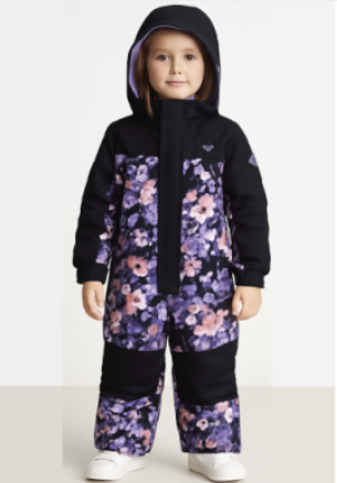 Habit de neige 1 pièce - Roxy pour enfant fille, combinaison à capuche noire avec motifs floraux violets et roses, vue de face.