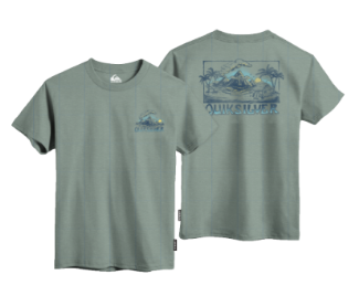 T-Shirt - Quiksilver vert kaki en coton avec impression paysage tropical bleu clair, vue de face et de dos.