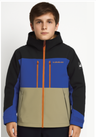 Manteau d'hiver Cruiser Run - Quiksilver bleu, noir et beige à capuche, fermeture éclair orange, porté par garçon, vue de face.