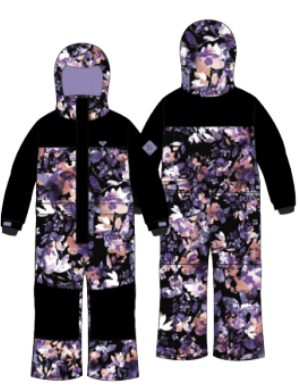 Habit de neige 1 pièce - Roxy à motifs floraux violets, noirs et blancs, style une pièce avec capuche, vue avant et dos.