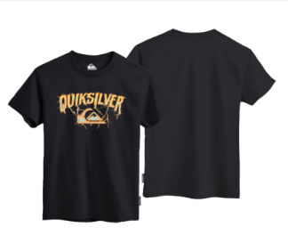 T-shirt noir avec logo Quiksilver jaune-orange stylisé sur le devant, manches courtes, vue de face et dos.