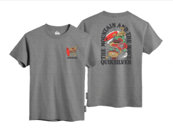 T-Shirt - Quiksilver gris en coton avec motifs colorés imprimés devant et au dos, style casual, vue de face et de dos.