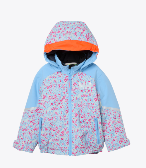Manteau d'hiver - Helly Hansen pour enfant avec capuche, motifs floraux roses et rouges sur fond bleu clair, doublure sombre, vue de face.