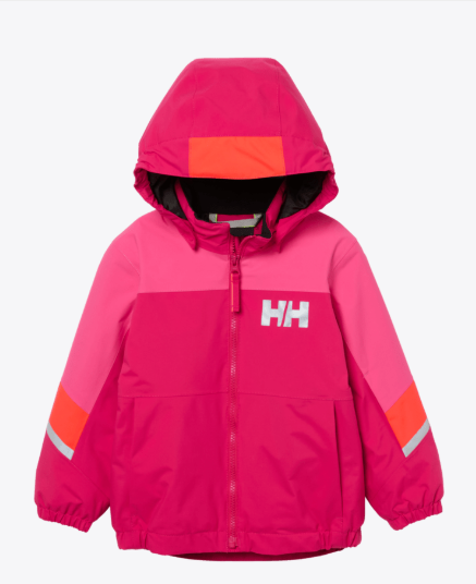 Manteau d'hiver - Helly Hansen pour enfant fille, coupe droite à capuche, coloris rose et fuchsia avec détails orange, vue de face.