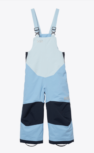 Salopette de neige Rider - Helly Hansen en tissu technique bleu clair et bleu foncé, coupe ajustée, bretelles réglables, vue de face pour enfant.