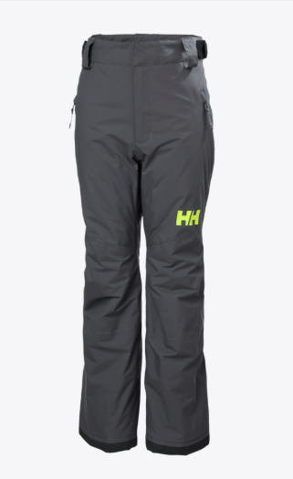 Pantalon de neige - Helly Hansen gris foncé avec logo jaune fluo sur la jambe, style coupe droite, vue de face.