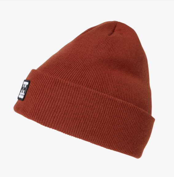 Tuque d'hiver - Helly Hansen en laine côtelée marron rouille, style classique à revers, vue de côté.