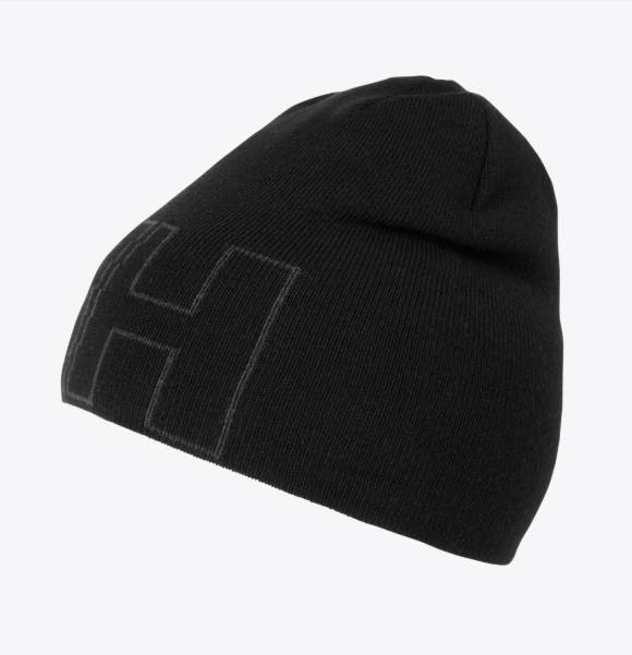 Tuque d'hiver - Helly Hansen noire en maille, design simple avec logo ton sur ton, vue de côté.