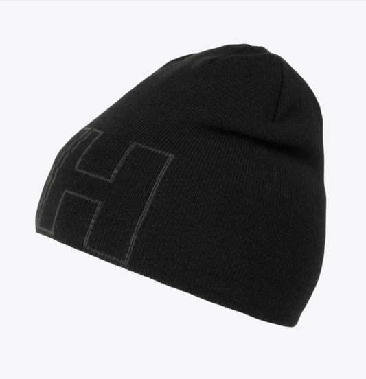 Tuque d'hiver - Helly Hansen noire en maille, design simple avec logo ton sur ton, vue de côté.