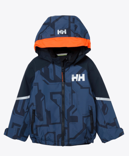 Manteau d'hiver - Helly Hansen bleu marine et noir avec capuche orange, motif graphique, pour enfant, vue de face, en matière technique imperméable.