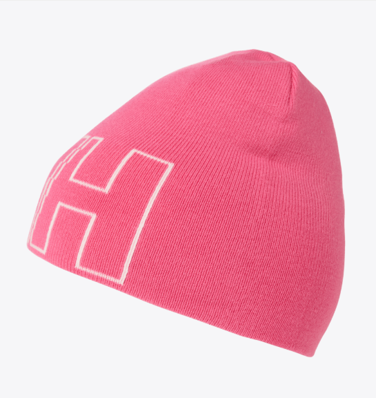 Tuque d'hiver - Helly Hansen en maille rose vif avec large logo blanc, style épuré, vue de côté.
