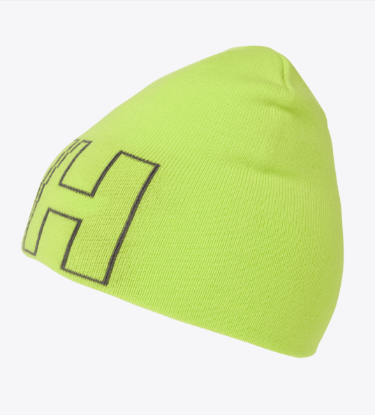 Tuque d'hiver - Helly Hansen en tricot vert citron avec grand logo noir brodé, vue de côté.
