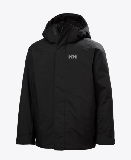Manteau d'hiver - Helly Hansen noir à capuche, coupe droite, tissu technique imperméable, vue de face sur mannequin adulte.