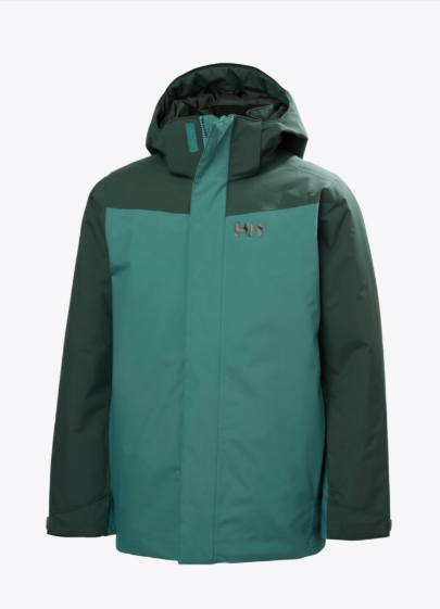 Manteau d'hiver - Helly Hansen bicolore vert clair et vert foncé, style technique avec capuche, en matériau imperméable, vue de face.