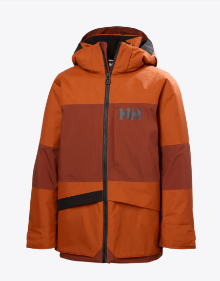 Manteau d'hiver Summit - Helly Hansen orange et bordeaux en tissu technique, style parkas, pour enfant, vue de face avec capuche.
