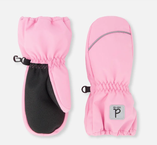 Mitaines d'hiver Play - Deux Par Deux roses avec paume noire antidérapante, détails réfléchissants, pour enfant, vue de dessus et dessous.