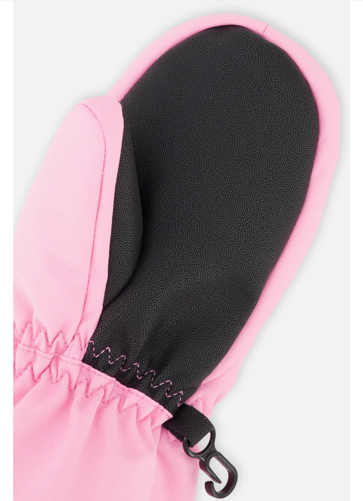 Mitaines d'hiver Play - Deux Par Deux rose avec paume noire antidérapante, pour enfant, détail de la couture et attache, vue rapprochée.