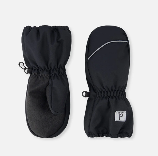 Mitaines d'hiver Play - Deux Par Deux noires avec détails réfléchissants gris, en tissu imperméable, pour enfant, vue de dessus et dessous.